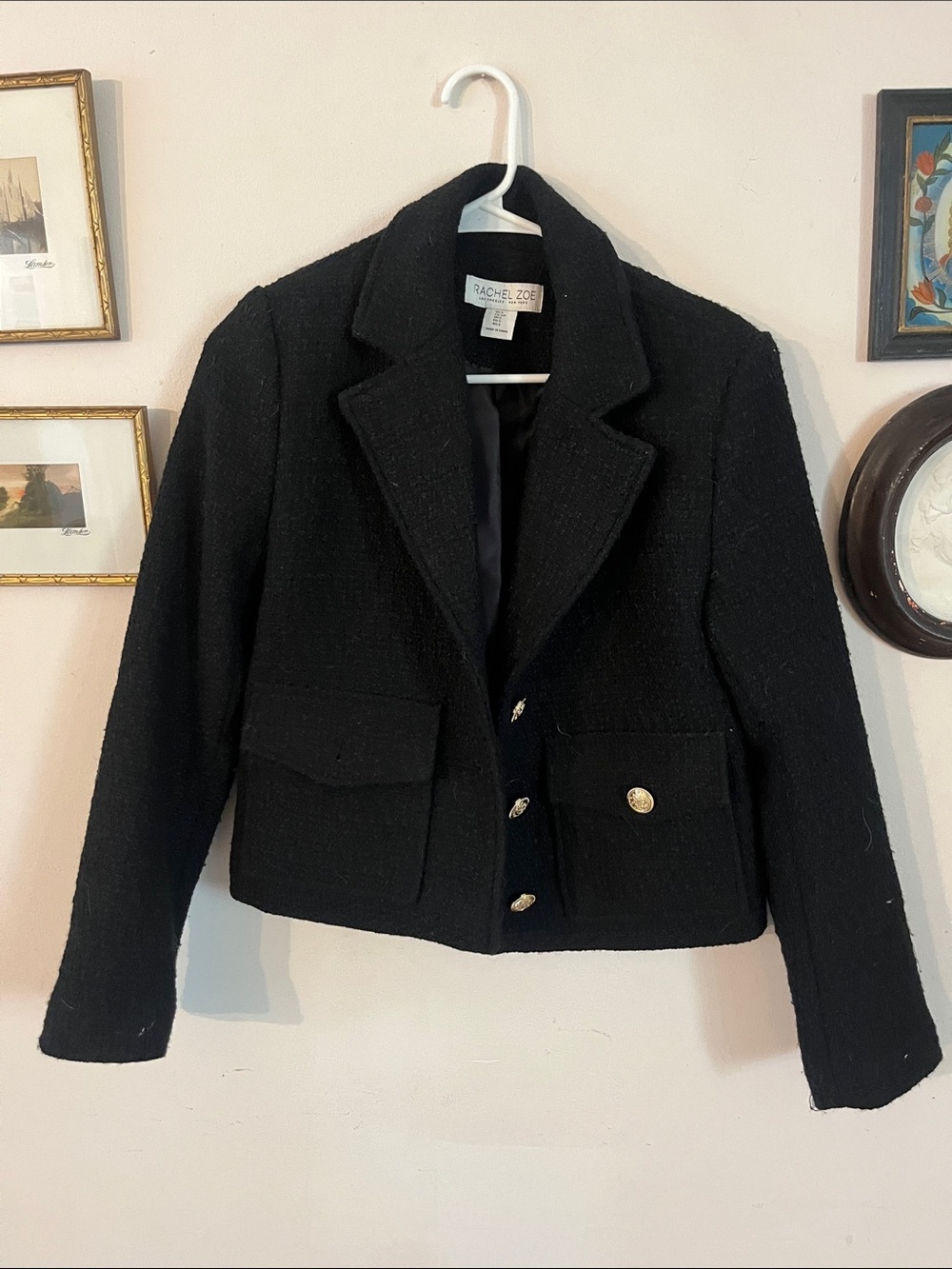 Rachel Zoe Black Cropped Bouclé Blazer with Gold Buttons